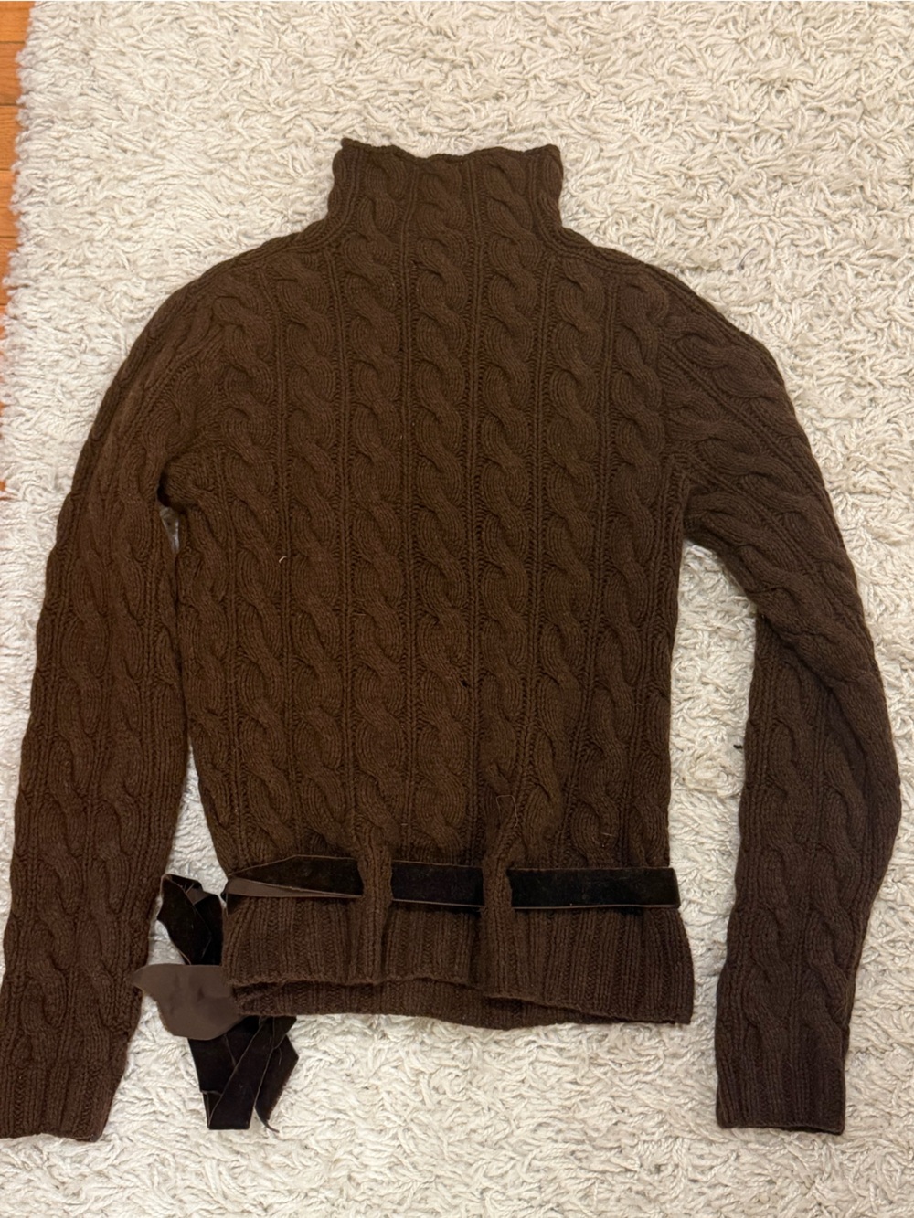 Brown Cable Knit Turtleneck Sweater with Ribbon Detail C